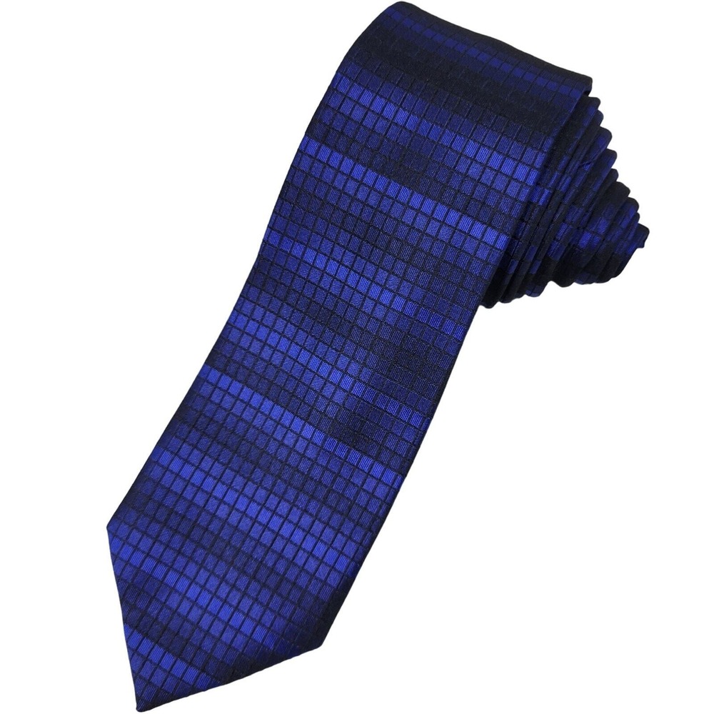Van Heusen Silk Foulard Necktie Men's Micro Check Shimmer Blue Black‎ Wedding DJ